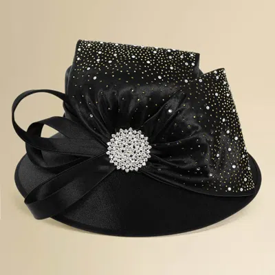 Fashnzfab Elegant Rhinestone Embellished Bold Bow Accent Statement Dressy Hat In Black