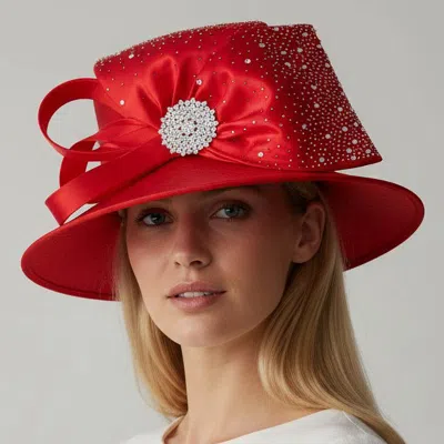 Fashnzfab Elegant Rhinestone Embellished Bold Bow Accent Statement Dressy Hat In Red