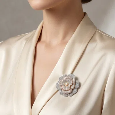 Fashnzfab Elegant Rhinestone Pave Floral Pin Brooch In Silver