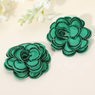 Fashnzfab Elegant Rhinestone Rim Fabric Flower Clip On Accessory In Green