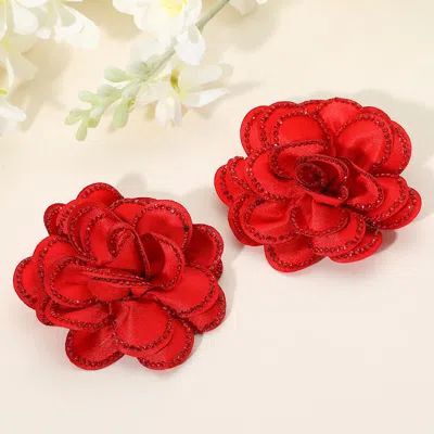 Fashnzfab Elegant Rhinestone Rim Fabric Flower Clip On Accessory In Red