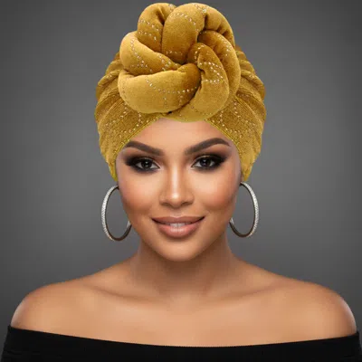 Fashnzfab Elegant Rhinestone Studded Knot Turban Hair Wrap In Gold