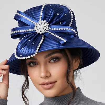 Fashnzfab Elegant Rhinestone Trim Bow Floral Accent Dressy Hat In Blue