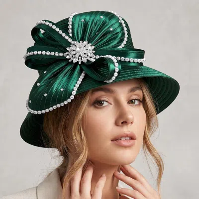 Fashnzfab Elegant Rhinestone Trim Bow Floral Accent Dressy Hat In Green
