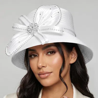 Fashnzfab Elegant Rhinestone Trim Bow Floral Accent Dressy Hat In White