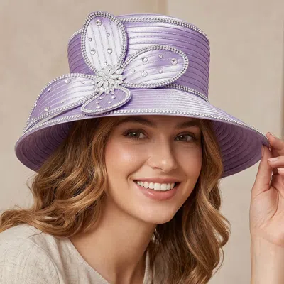 Fashnzfab Elegant Rhinestone Trim Embellished Floral Bow Accent Wide Brim Statement Dressy Hat In Purple