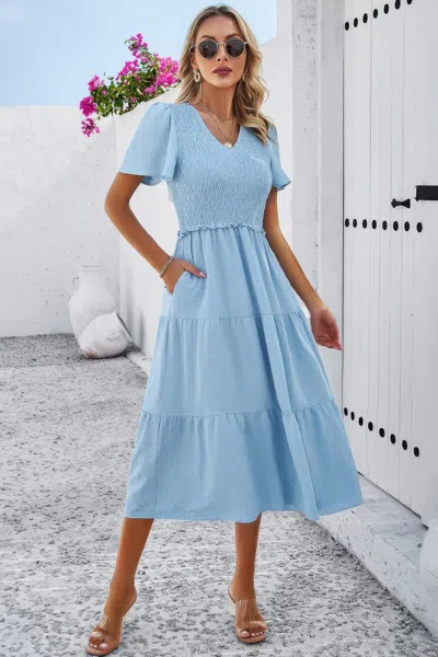 Fashnzfab Elegant Ruched V Neck Short Sleeve Pleated Dress