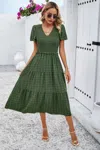 Fashnzfab Elegant Ruched V Neck Short Sleeve Pleated Dress