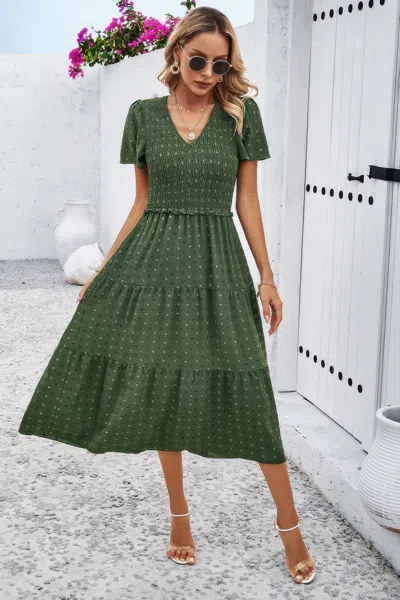 Fashnzfab Elegant Ruched V Neck Short Sleeve Pleated Dress In Green