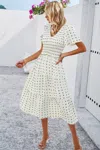 Fashnzfab Elegant Ruched V Neck Short Sleeve Pleated Dress