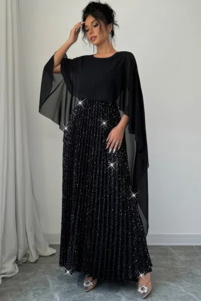 Fashnzfab Elegant Sequin Satin Knit Pleated Long Dress In Black