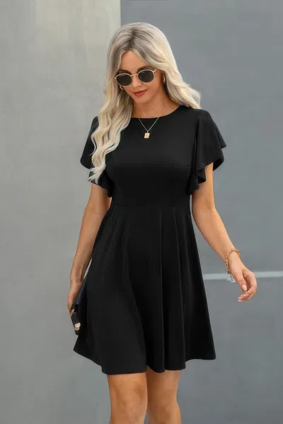 Fashnzfab Elegant Solid Crew Neck Butterfly Sleeve Slim Dress In Black