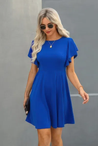 Fashnzfab Elegant Solid Crew Neck Butterfly Sleeve Slim Dress In Blue