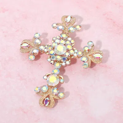 Fashnzfab Elegant Stone Embellished Cross Pin Brooch In Multi