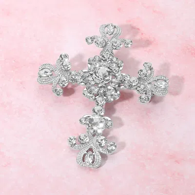 Fashnzfab Elegant Stone Embellished Cross Pin Brooch In Silver