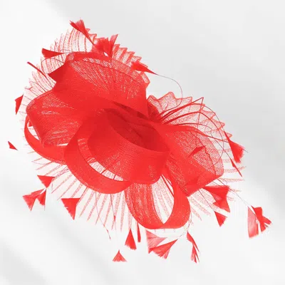 Fashnzfab Elegant Structured Bow Feather Accent Mesh Fascinator Hair Clip Headband In Red