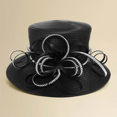 Fashnzfab Elegant Wide Brim Bling Studded Bow Accent Dressy Hat In Black