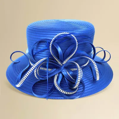 Fashnzfab Elegant Wide Brim Bling Studded Bow Accent Dressy Hat In Blue