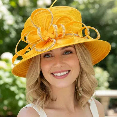 Fashnzfab Elegant Wide Brim Bling Studded Bow Accent Dressy Hat In Gold