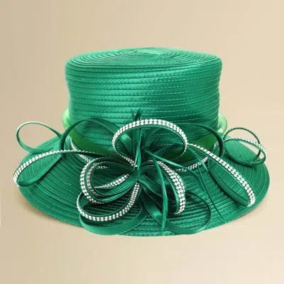 Fashnzfab Elegant Wide Brim Bling Studded Bow Accent Dressy Hat In Green