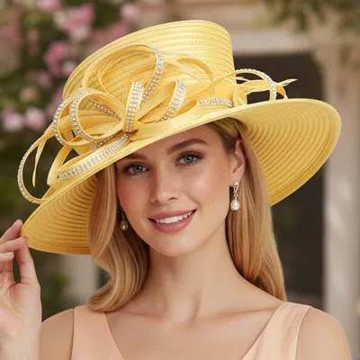 Fashnzfab Elegant Wide Brim Bling Studded Bow Accent Dressy Hat In Orange