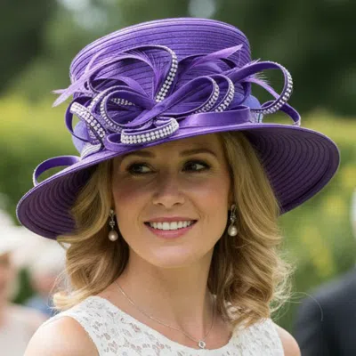 Fashnzfab Elegant Wide Brim Bling Studded Bow Accent Dressy Hat In Purple
