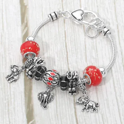 Fashnzfab Elephant Charm Multi Bead Bracelet In Metallic
