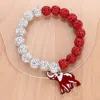 Fashnzfab Elephant Charm Pointed Shamballa Ball Beaded Stretch Bracelet Red, White In Multi