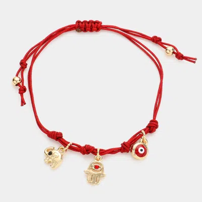 Fashnzfab Elephant Hamsa Hand Evil Eye Charm Pull Tie Cinch Bracelet In Red