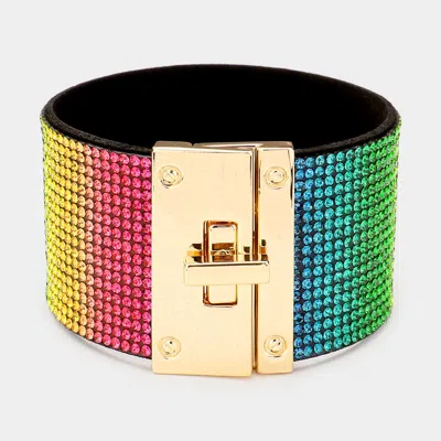 Fashnzfab Embellished Rhinestone Wide Turn Lock Bracelet Gold, Multi