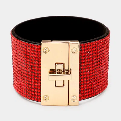 Fashnzfab Embellished Rhinestone Wide Turn Lock Bracelet Gold, Siam In Red