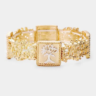 Fashnzfab Embellished Tree Of Life Metal Stretch Bracelet Worn Gold, Worn Silver In Multi