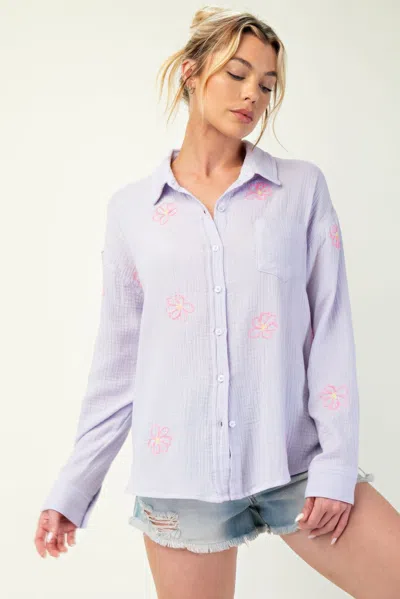 Fashnzfab Embo Detailed Cotton Gauze Button Down Shirt In Purple