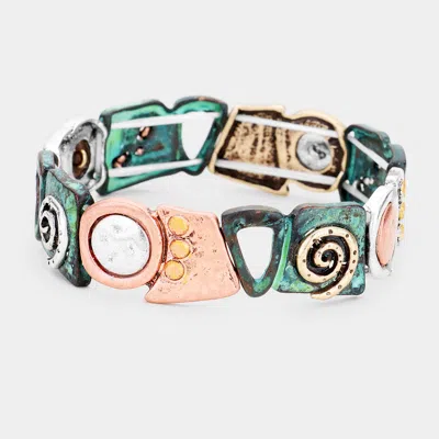 Fashnzfab Embossed Abstract Metal Stretch Bracelet Copper Burnished, Gold Burnished, Patina Verdigris, Silver  In Multi