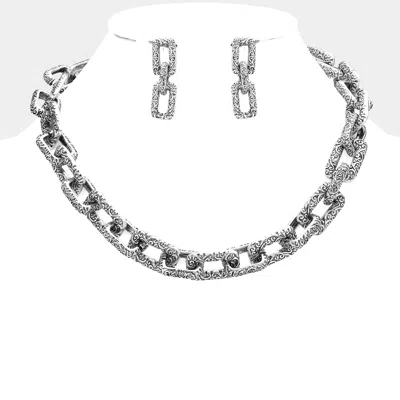 Fashnzfab Embossed Antique Open Metal Rectangle Link Necklace In Metallic