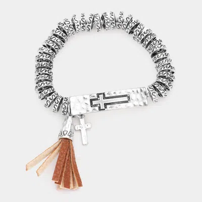 Fashnzfab Embossed Cross Metal Bar Faux Leather Tassel Charm Stretch Bracelet Silver Burnished In Orange
