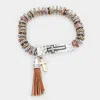 Fashnzfab Embossed Cross Metal Bar Faux Leather Tassel Charm Stretch Bracelet Three Tone In Multi