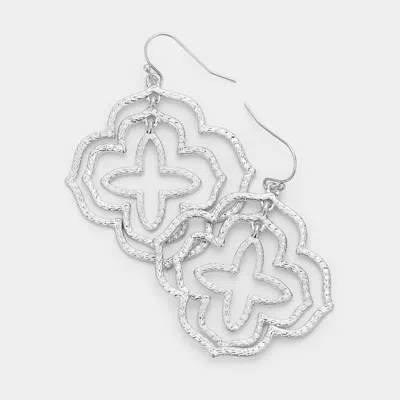 Fashnzfab Embossed Cutout Metal Quatrefoil Dangle Earrings In Silver