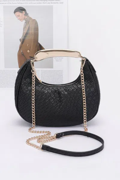 Fashnzfab Embossed Faux Leather Metal Handle Bag In Black