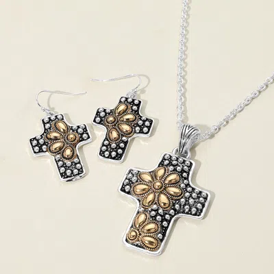 Fashnzfab Embossed Floral Pattern Textured Metal Cross Pendant Necklace In Black