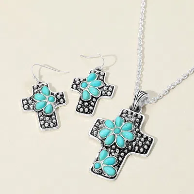 Fashnzfab Embossed Floral Pattern Textured Metal Cross Pendant Necklace In Blue