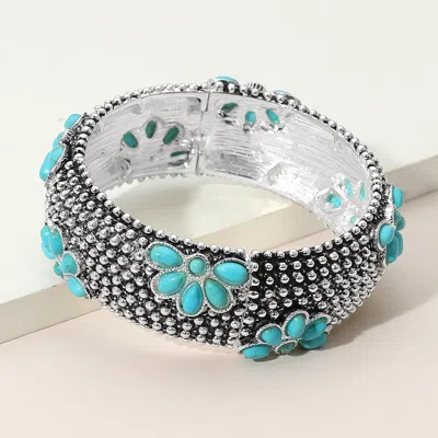Fashnzfab Embossed Floral Pattern Textured Metal Stretch Bracelet Silver Burnished, Turquoise In Multi