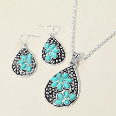 Fashnzfab Embossed Floral Pattern Textured Metal Teardrop Pendant Necklace In Blue