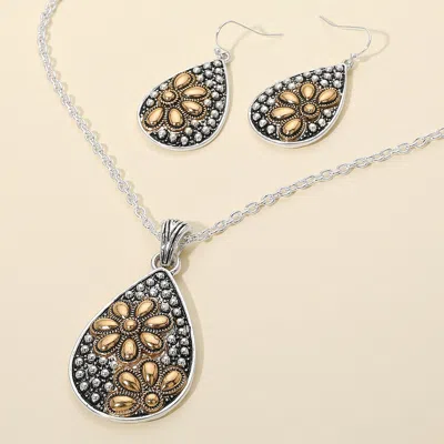 Fashnzfab Embossed Floral Pattern Textured Metal Teardrop Pendant Necklace In Silver