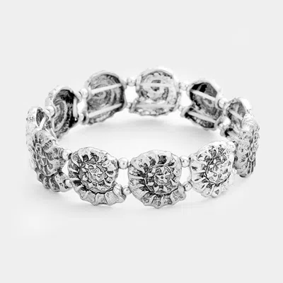 Fashnzfab Embossed Metal Ammonite Stretch Bracelet Silver Burnished In Multi