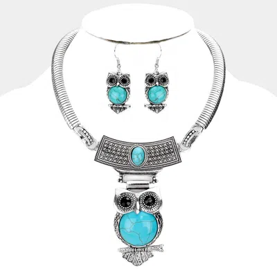 Fashnzfab Embossed Metal Owl Natural Stone Round Necklace In Silver