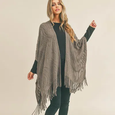 Fashnzfab Embossed Pattern Tassel Ruana Poncho In Gray
