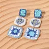 Fashnzfab Embroidered Beaded Crochet Granny Square Link Drop Earrings In Blue