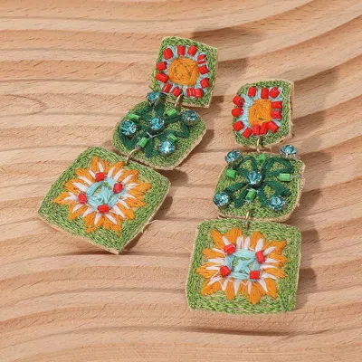 Fashnzfab Embroidered Beaded Crochet Granny Square Link Drop Earrings In Multi