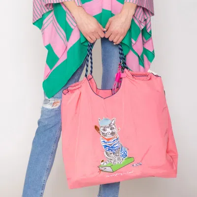Fashnzfab Embroidered Cat Rope Nylon Tote Bag In Pink